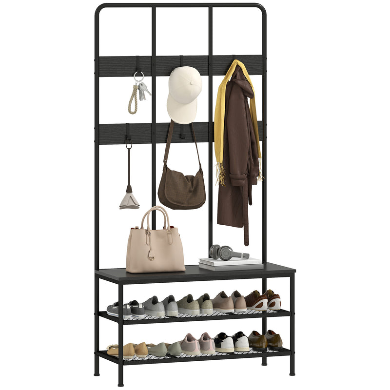 Appendiabiti HOMASIS 4 In 1 Con Scarpiera E Panca – 11 Ganci, 3 Ripiani, Carico 155 Kg, Struttura Metallica, Grigio, 102x40x184 Cm
