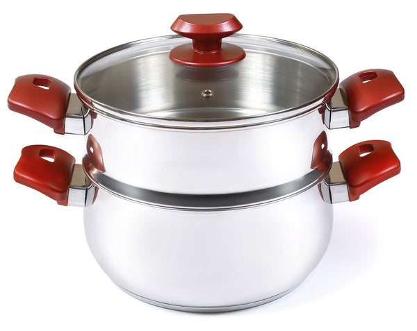 sconto Pentola Ø22 cm in Acciaio Antiaderente Induzione con Vaporiera Collection Vapor Acciaio/Rosso