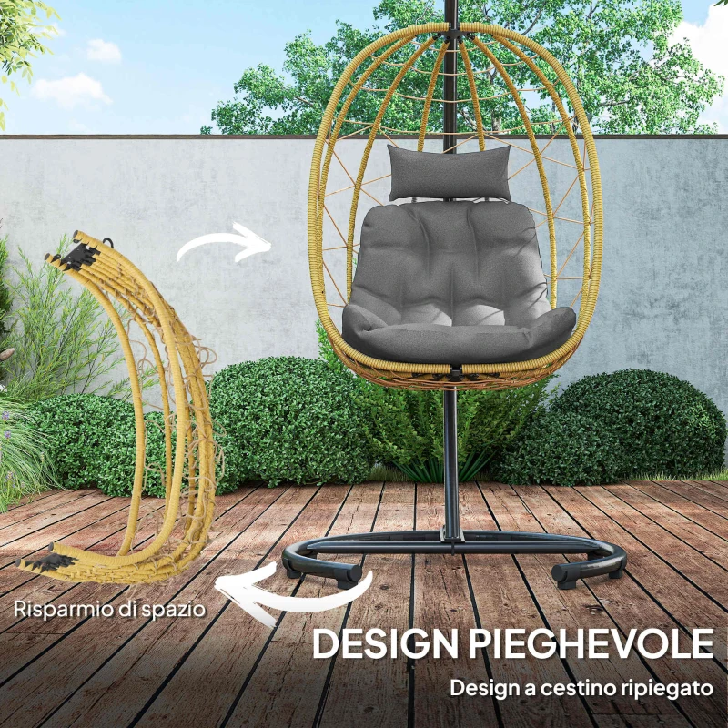 Dondolo Pensile da Giardino Pieghevole con Cuscini 102x102x195 cm in Acciaio e Rattan PE Nera Grigia e Beige