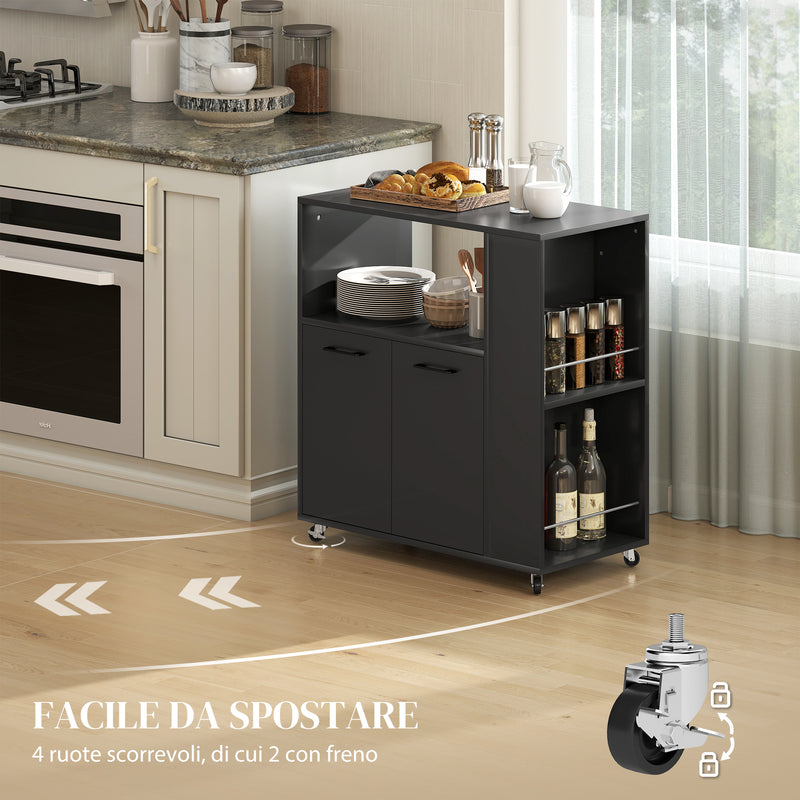 Carrello Cucina 75x40x80,5 cm con Ripiano Aperto Armadietto e Scaffale Laterale in Legno Nero      