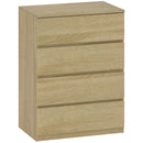 Cassettiera 4 Cassetti 60x40x80 cm con Guide in Metallo e Maniglie Scanalate in Legno color Faggio      