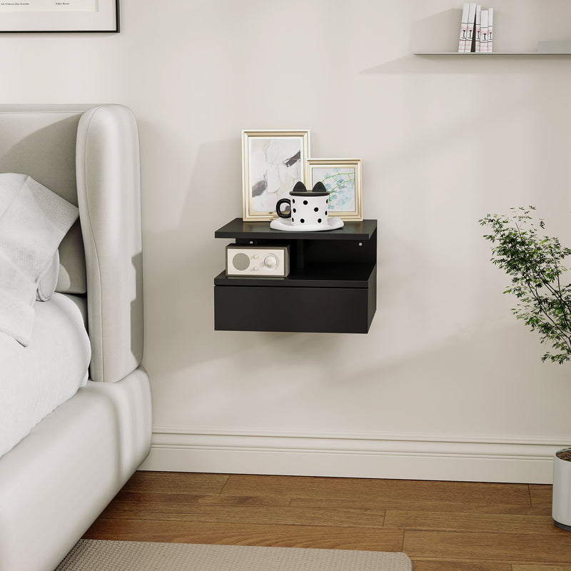 Comodino Sospeso per Camera da Letto 35x32x22,5 cm con Cassetto in Legno Nero  