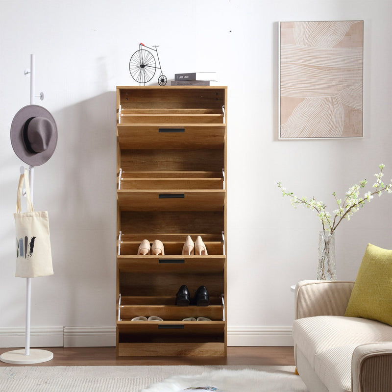 Scarpiera Salvaspazio 4 Ante a Ribalta 63x24x155h cm in Melaminico Venato a Rilievo Rovere