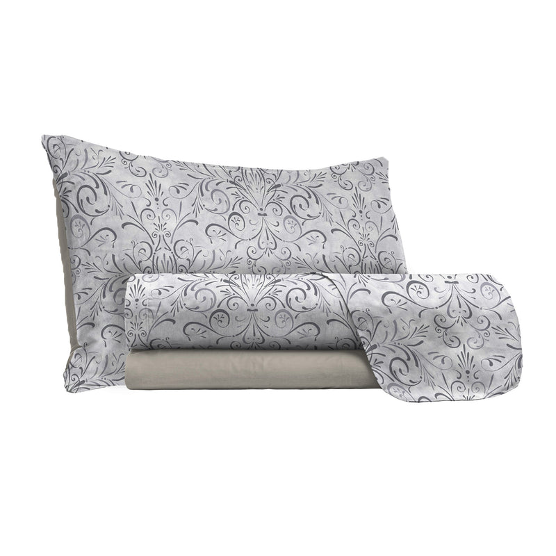 Set lenzuola stampa sopra Sotto e Federe Ornato Grigio Varie Misure