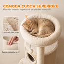 Tiragraffi per Gatti Multilivello 55x39x90 cm con 4 Pali in Sisal 2 Casette Cuccia e Pompon in Truciolare e Peluche Beige      