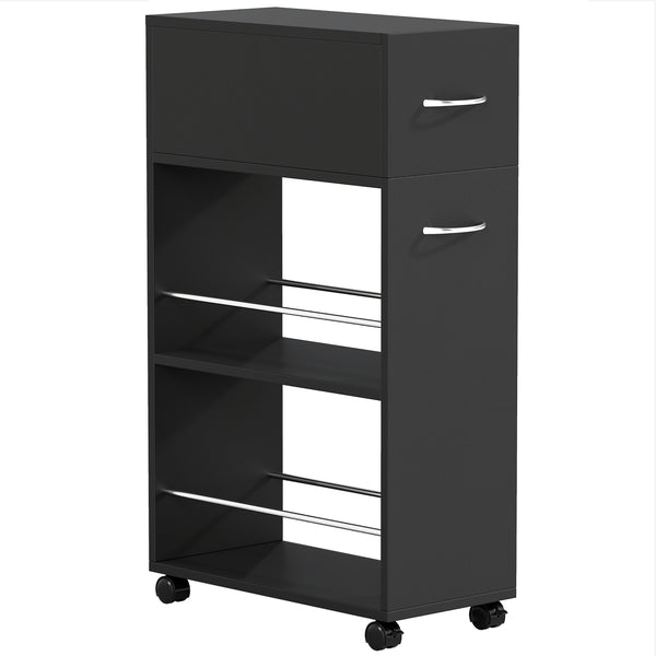 sconto Carrello da Cucina 25x50x85 cm 2 Ripiani Aperti Cassetto e Parapetti in Legno e Acciaio Inox Nero