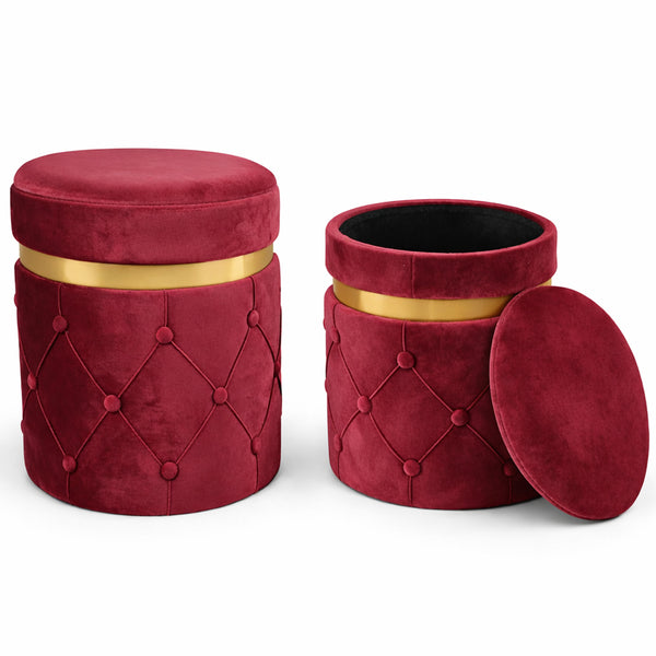 Set 2 Pouf Contenitori 38x44 cm e 31x38 cm con Design Trapuntato in Velluto Bordeaux acquista