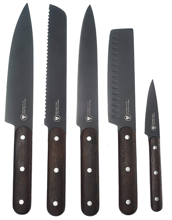 sconto Set 5 Coltelli da Cucina Lama Nera Manico Wenge