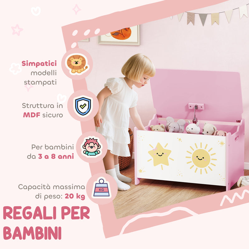 Baule Portagiochi per Bambini 60x37x39 cm con Coperchio in MDF Rosa  