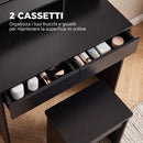 Tavolo da Trucco con Specchio 75x38x135 cm con 3 Ripiani 2 Cassetti e Sgabello in Legno e Vetro Nero      