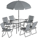 Set 8 Pezzi da Giardino con Ombrellone 6 Sedie Pieghevoli e Tavolo da Esterno in Vetro Temperato Grigio      