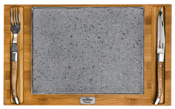 acquista Pietra Lavica 19x26 cm con Posate e Supporto in Legno di Bamboo Supreme