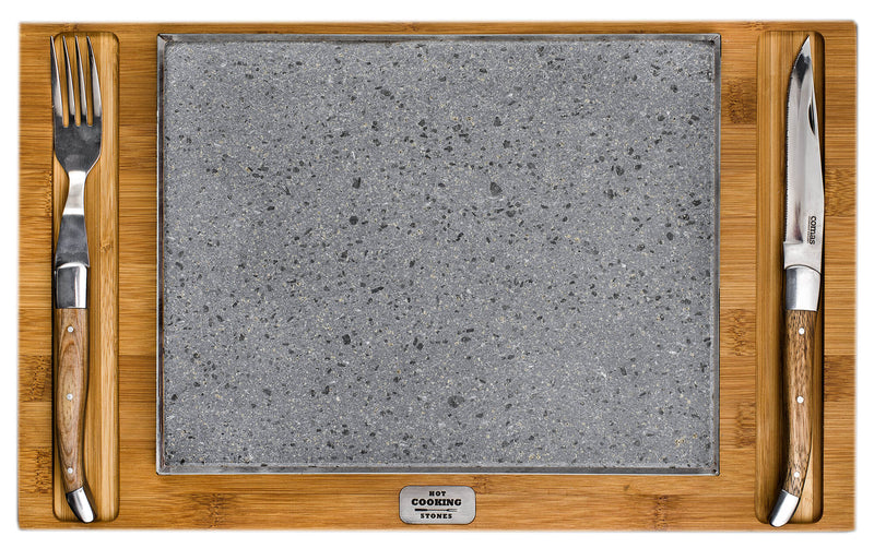 Pietra Lavica 19x26 cm con Posate e Supporto in Legno di Bamboo Supreme