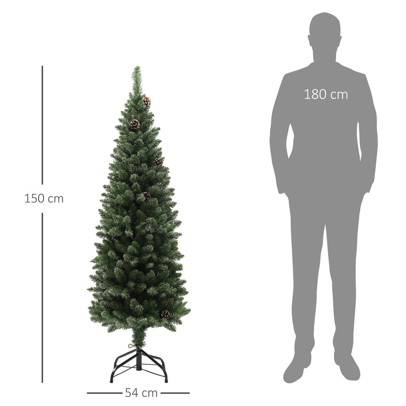Albero di Natale Innevato Slim 150 cm 395 Rami con Pigne in Plastica e Acciaio Verde  