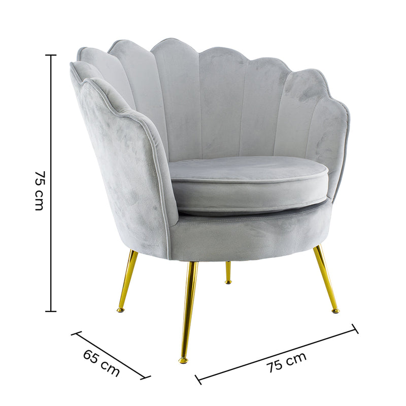 Poltrona Imbottita Schienale a Conchiglia in Velluto Piedi Oro Grigio