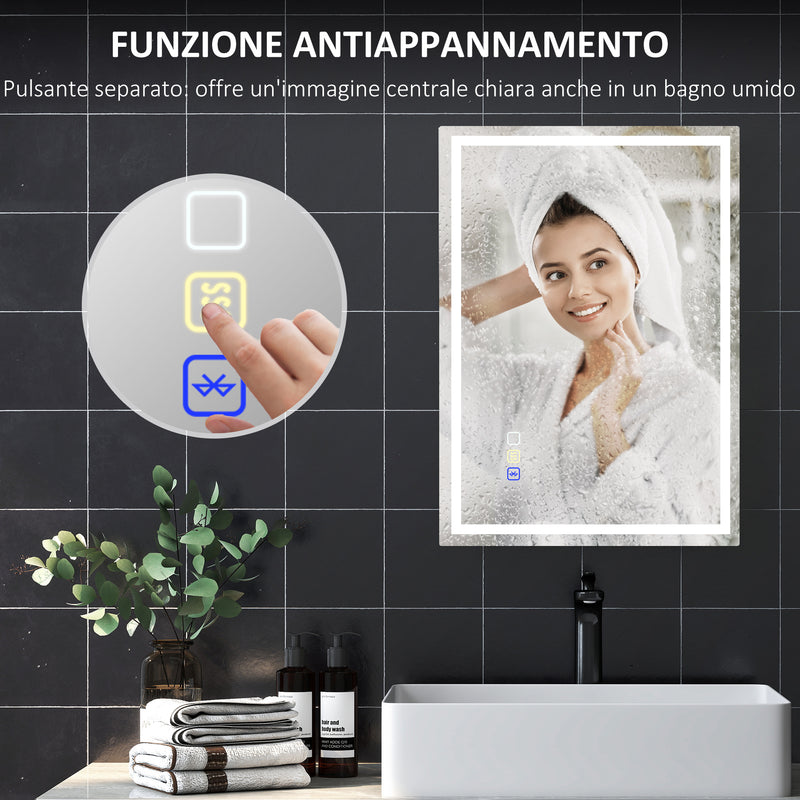 Specchio Bagno da Parete LED Antiappannamento 50x70 cm Speaker Bluetooth e Pulsanti Touch in Vetro Temperato  