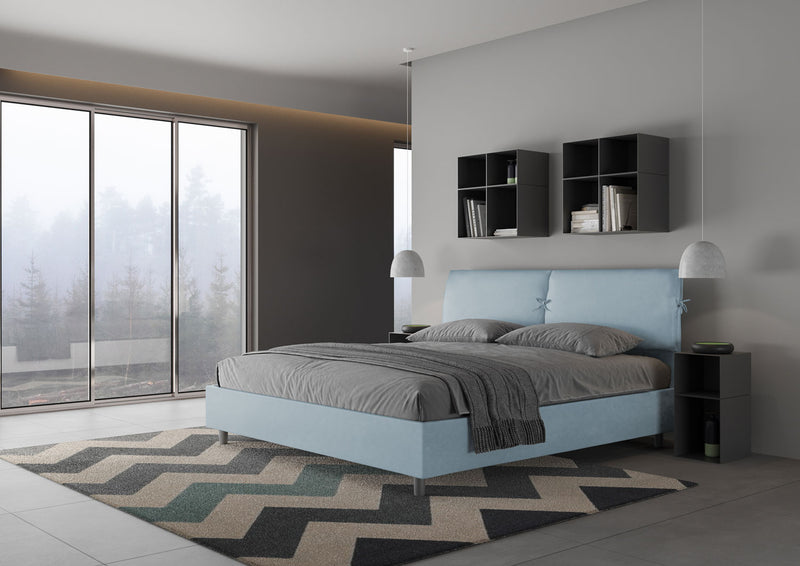 Letto Matrimoniale Testata con Cuscini Imbottito in Microfibra Mados Azzurro Varie Misure