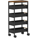 Carrello da Cucina a 5 Livelli 39,5x24x82 cm con 4 Cesti Estraibili in Metallo PP e Legno Nero e Rovere      