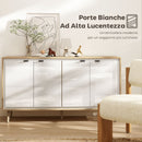 Credenza Moderna 141x35x77 cm a 4 Ante con Ripiano Regolabile Bianco Lucido e Rovere      