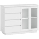 Credenza Buffet 120x40x91 cm con 4 Cassetti e Armadietto con Ante in Vetro in Legno Bianco      