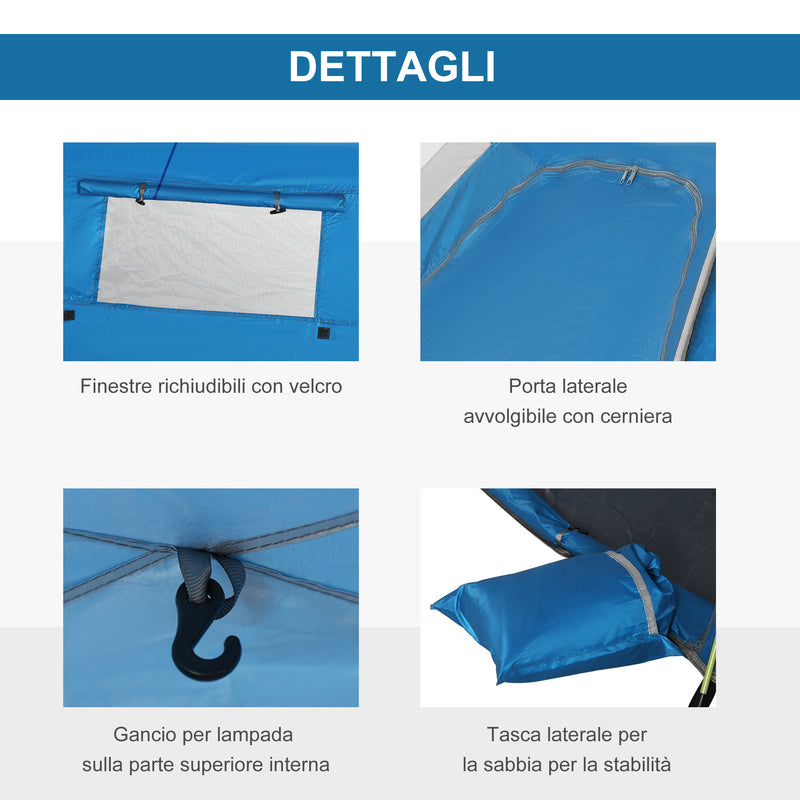 Tenda da Spiaggia Pop Up 220x173x120 cm con Porta a Cerniera in Poliestere e Fibra di Vetro Blu Cielo e Grigio  