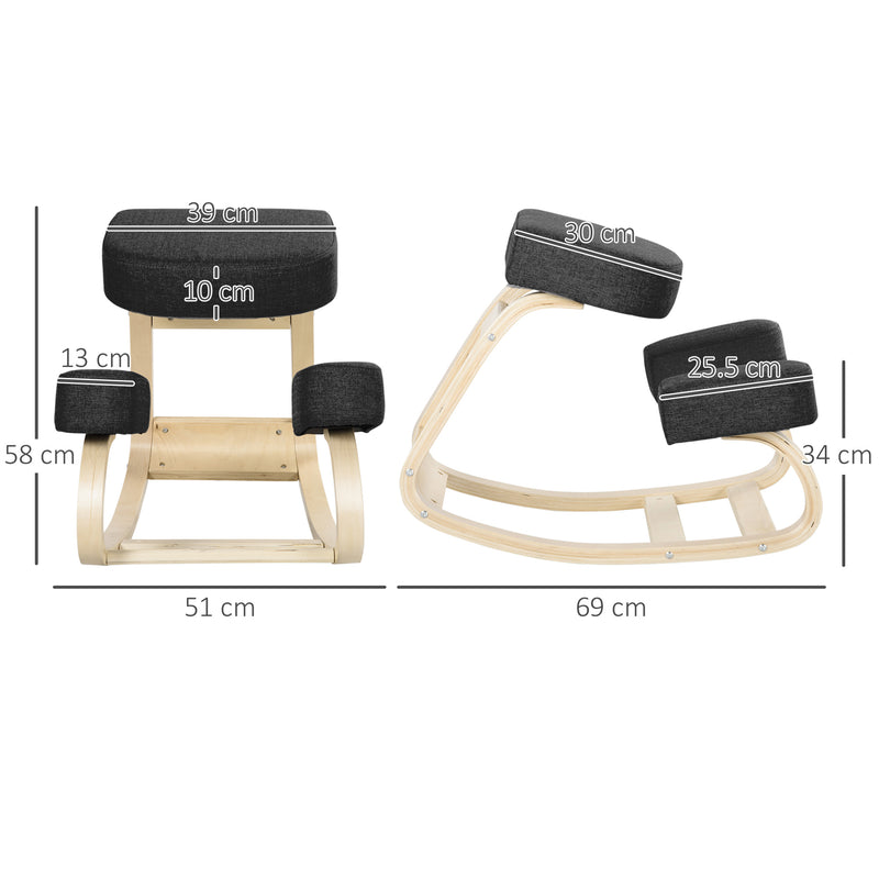 Sedia Ergonomica con Inginocchiatoio 51x69x58 cm in Betulla e Poliestere Nero  