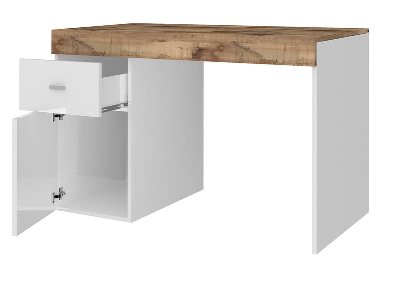 Scrivania 1 Anta 1 Cassetto 100x60x75 cm Sliding Bianco Lucido e Acero Pereira