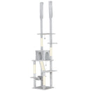 Albero Tiragraffi a Soffitto con Altezza Regolabile 225-255 cm con Casetta e Amaca in Peluche e Sisal Grigio Chiaro      