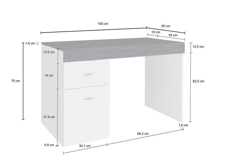 Scrivania 1 Anta 1 Cassetto 100x60x75 cm Sliding Bianco Lucido e Ardesia