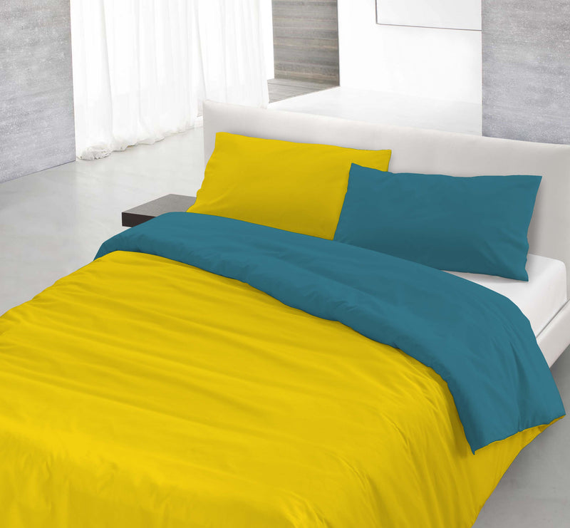 Copripiumino con Sacco e Federe Doubleface Ocra/Verde Petrolio 1 Piazza e Mezzo