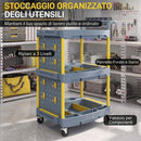 Carrello Portautensili a 3 Ripiani 64x48x95,5 cm con Pannello Forato Ganci Ruote a Freno e Maniglia in PP e Alluminio Grigio e Giallo      