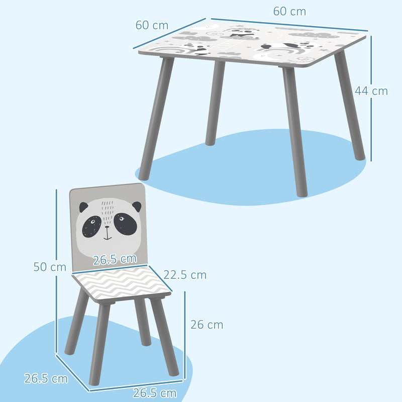 Set Tavolino e 2 Sedie per Bambini Panda in MDF e Legno di Pino Grigio   