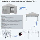 Gazebo da Giardino 300x300 cm Pieghevole ad Altezza Regolabile con Finestrelle in Acciaio e Tessuto Oxford Grigio Chiaro  