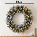 Ghirlanda Natalizia Innevata Ø60x12 cm con Luci LED 8 Modalità 140 Rami e Pigne in PVC Verde      