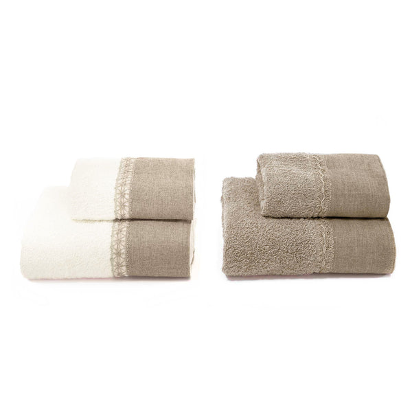 Set Spugna 4 Pezzi Asciugamani Viso + Ospite con Balza e Trina di Lino Garrini Bryanna Beige acquista