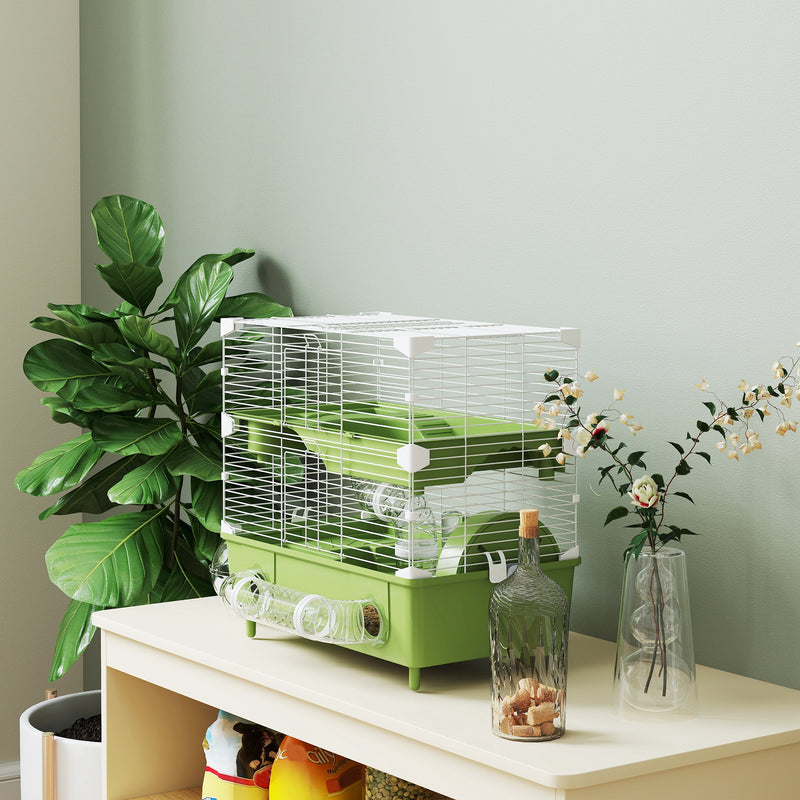 Gabbia per Criceti a 2 Livelli 44,5x28x44 cm 3 Porte con Ruota e Tubi Verde e Bianco   