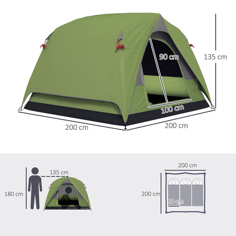 Tenda da Campeggio per 3 Persone Impermeabile 200x200x135H cm Impermeabile con Tasca e Gancio per Lanterna Verde   
