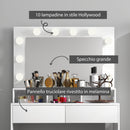 Consolle Trucco con Specchio e 10 Luci LED Stile Hollywood 80x40x135 cm in Melamina Bianco  