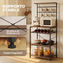 Scaffale Cucina a 5 Livelli Stile Industriale 59x40x143,5 cm con 6 Ganci e Portabottiglie in Truciolare e Metallo Noce      