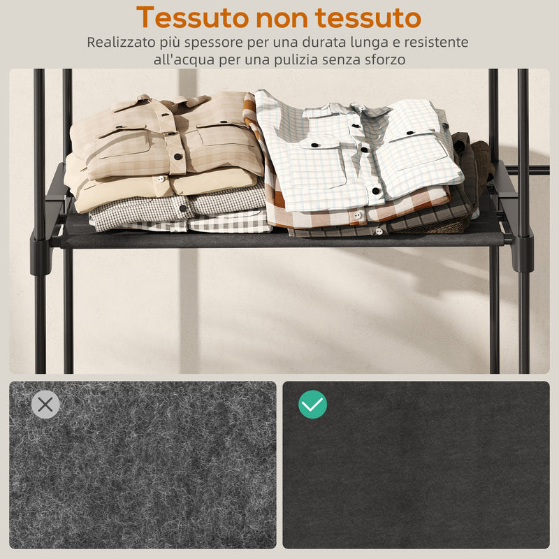 Armadio Guardaroba con 2 Aste e 4 Ripiani 142x43x185 cm in Tessuto Plastica e Acciaio Nero      