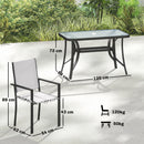 Set 5 Pezzi da Giardino con 4 Sedie Impilabili e Tavolo in Vetro Temperato con Foro per Ombrellone in Texteline Grigio Chiaro      