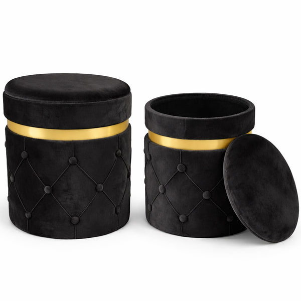 Set 2 Pouf Contenitori 38x44 cm e 31x38 cm con Design Trapuntato in Velluto Nero prezzo