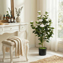 Pianta Finta di Camelia con Fiori Realistici 176 Foglie in PEVA e Vaso Nero in PP Riempito in Cemento Bianco      