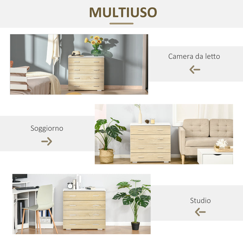 Cassettiera 4 Cassetti 76x35x72 cm in Legno e Maniglie in Alluminio Bianco e Rovere  