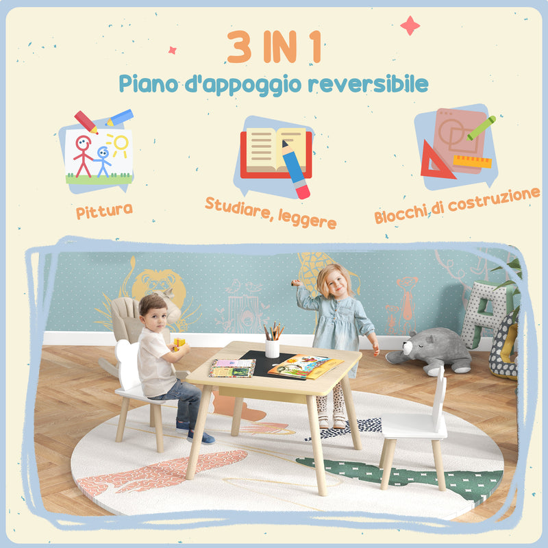 Set Tavolino Multifunzione e 2 Sedie per Bambini Orsetto Colore Legno    