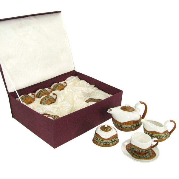 online Set Tazze The 9 Pezzi con Teiera e Lattiera in Porcellana Decoro in Bambù Noce