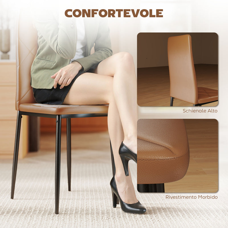 Set di 4 Sedie da Pranzo Moderne con Schienale Alto 41x50x97 cm in Finta Pelle e Acciaio Marrone      