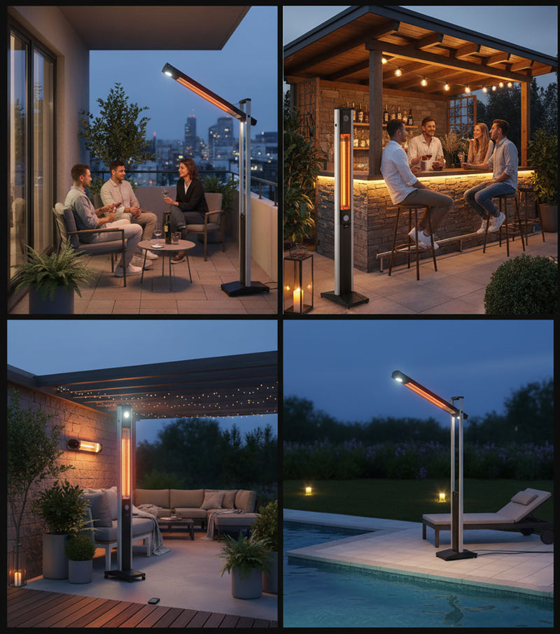 Stufa Elettrica ad infrarossi da Esterno 50x25x200 cm in Fibra di Carbonio con Luce Led Skyline Bianco Latte