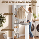 Mobile Asse da Stiro Pieghevole 107x35x174 cm a 6 Ripiani con Specchio e 2 Ganci in Legno e Poliestere Bianco      