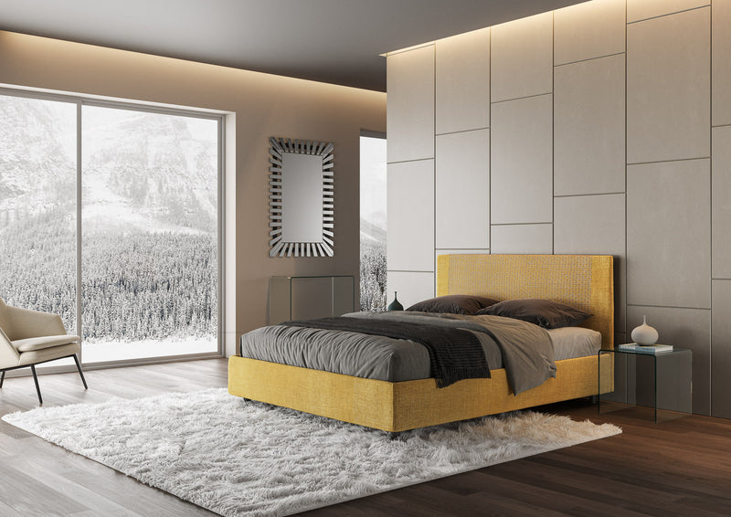Letto Matrimoniale con Testata e Alzata Comoda Imbottito in Tessuto Labirinto Rosal Giallo Varie Misure